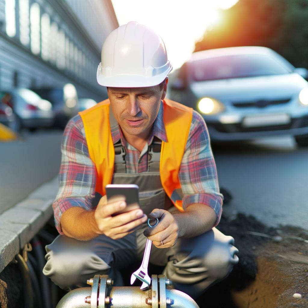 Una persona de una empresa contratista trabajando en la calle arreglando una tuberia en el suelo sosteniendo un celular y mirando una app